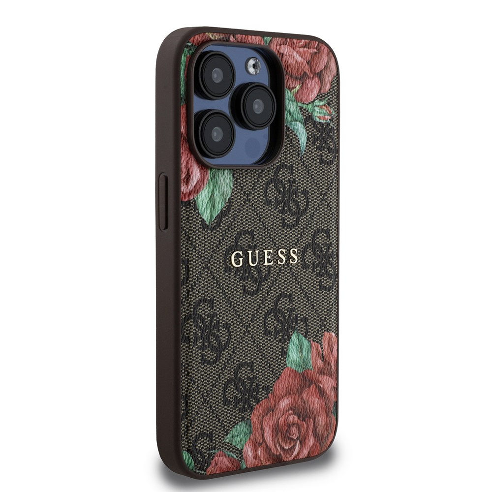 Apple iPhone 15 Pro Kılıf Guess Orjinal Lisanslı M-safe Şarj Özellikli Simli Arka Yüzey Ring Standlı Kapak