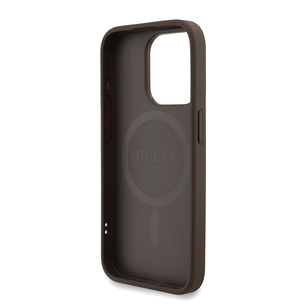 Apple iPhone 15 Pro Kılıf Guess Orjinal Lisanslı M-safe Şarj Özellikli PU Deri Bilek Askı İpli Yazı Logolu Kapak