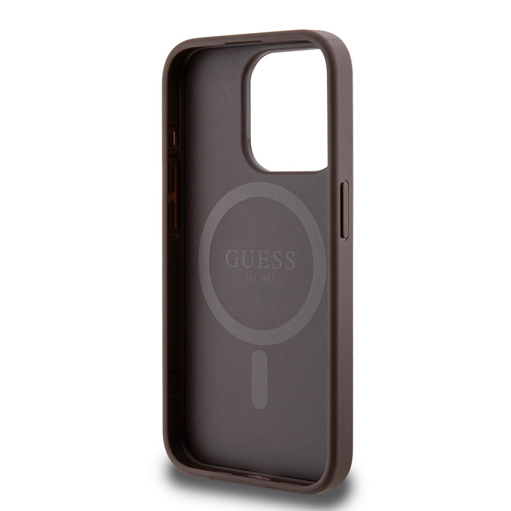 Apple iPhone 15 Pro Kılıf Guess Orjinal Lisanslı M-safe Şarj Özellikli PU Üçgen Logo 4G Desenli Kapak