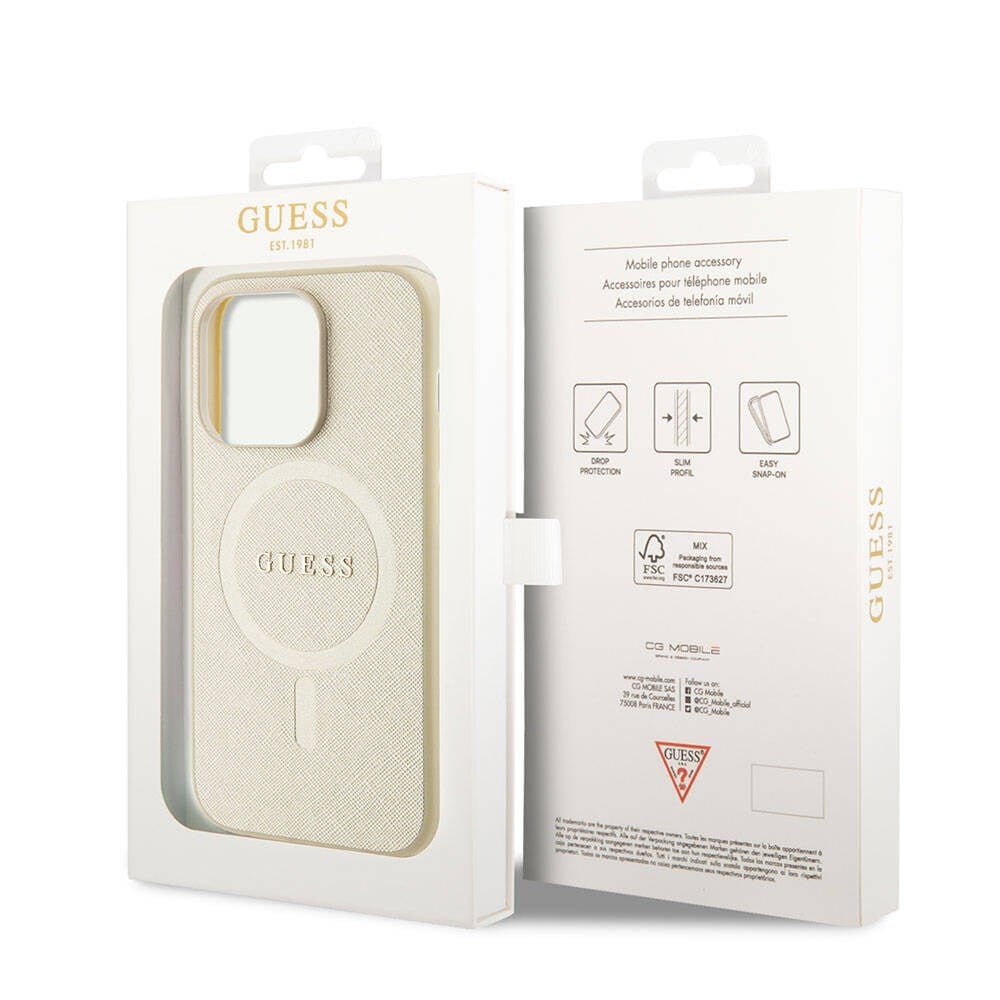 Apple iPhone 15 Pro Kılıf Guess Orjinal Lisanslı M-safe Şarj Özellikli Yazı Logolu Saffiano Kapak