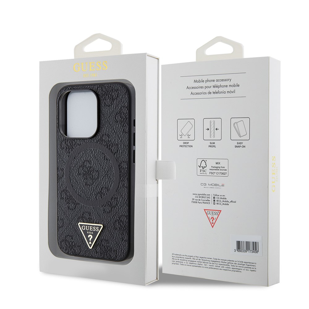 Apple iPhone 15 Pro Kılıf Guess Orjinal Lisanslı M-safe Şarj Özellikli PU Üçgen Logo 4G Desenli Kapak