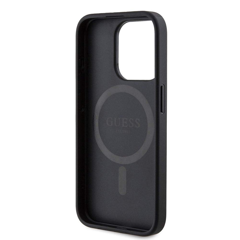 Apple iPhone 15 Pro Kılıf Guess Orjinal Lisanslı M-safe Şarj Özellikli PU Üçgen Logo 4G Desenli Kapak