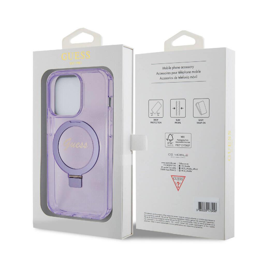 Apple iPhone 15 Pro Kılıf Guess Orjinal Lisanslı M-safe Şarj Özellikli Simli Arka Yüzey Ring Standlı Kapak