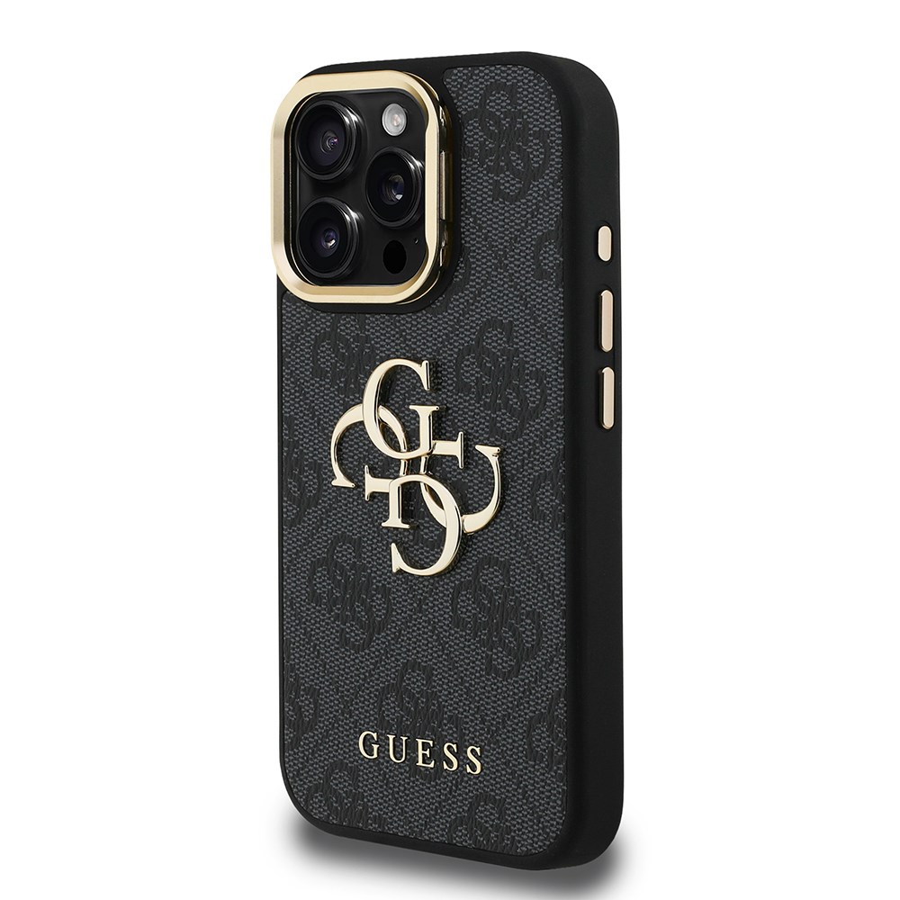 Apple iPhone 15 Pro Kılıf Guess Orjinal Lisanslı PU Deri 4G Desenli Metal Büyük 4G ve Yazı Logolu Kamera Standlı Kapak