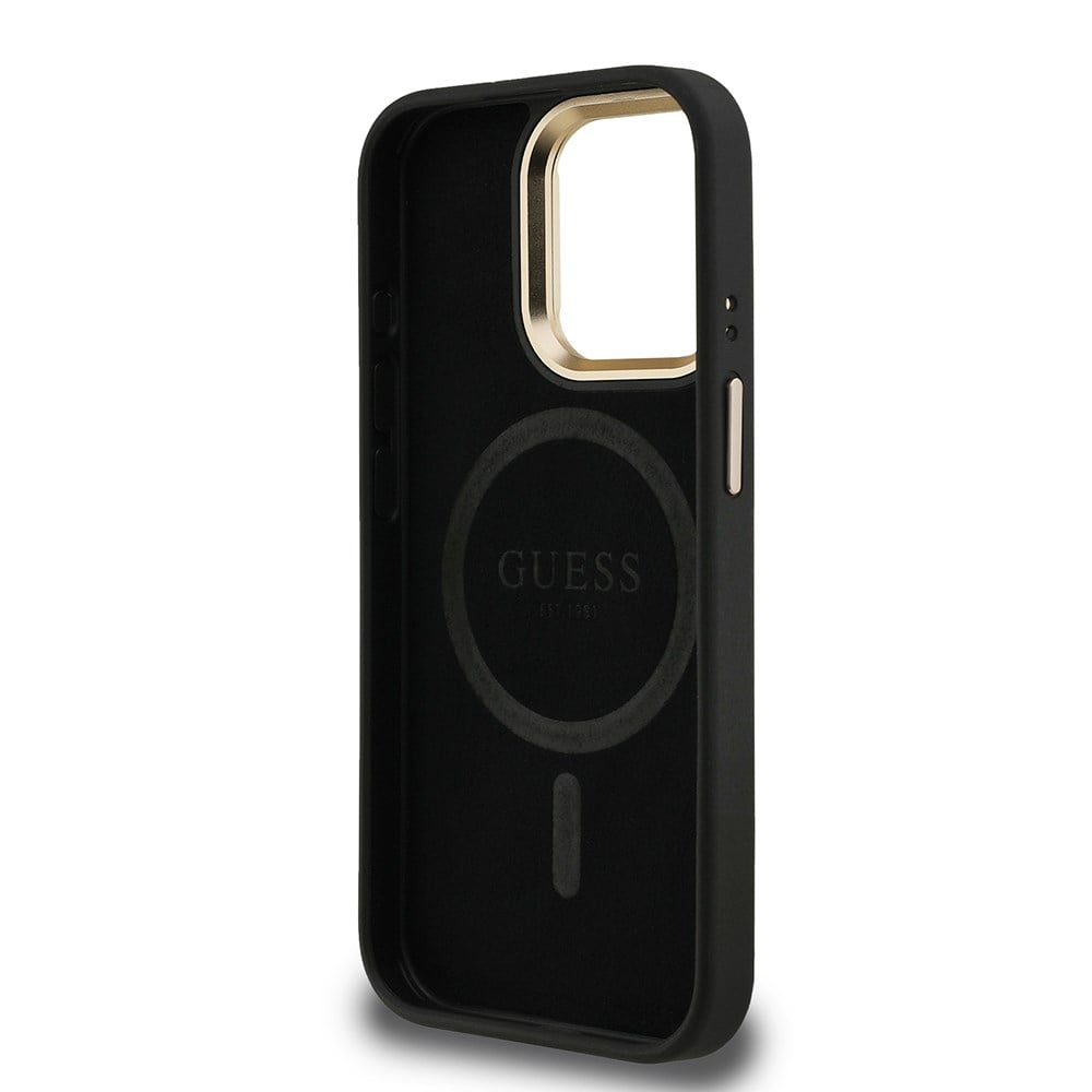 Apple iPhone 15 Pro Kılıf Guess Orjinal Lisanslı PU Deri Taşlı Üçgen Logo 4G Desenli Kamera Standlı Kapak