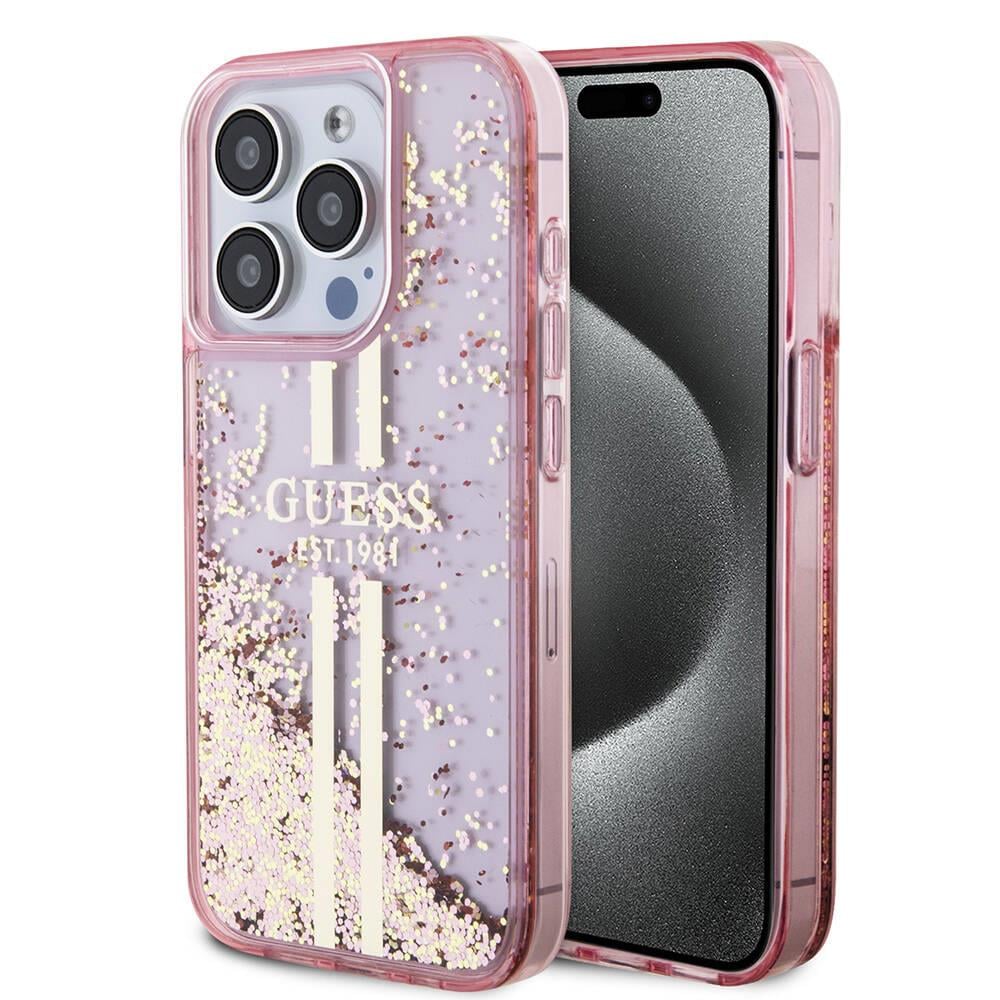Apple iPhone 15 Pro Kılıf Guess Orjinal Lisanslı M-safe Şarj Özellikli Simli Arka Yüzey Ring Standlı Kapak
