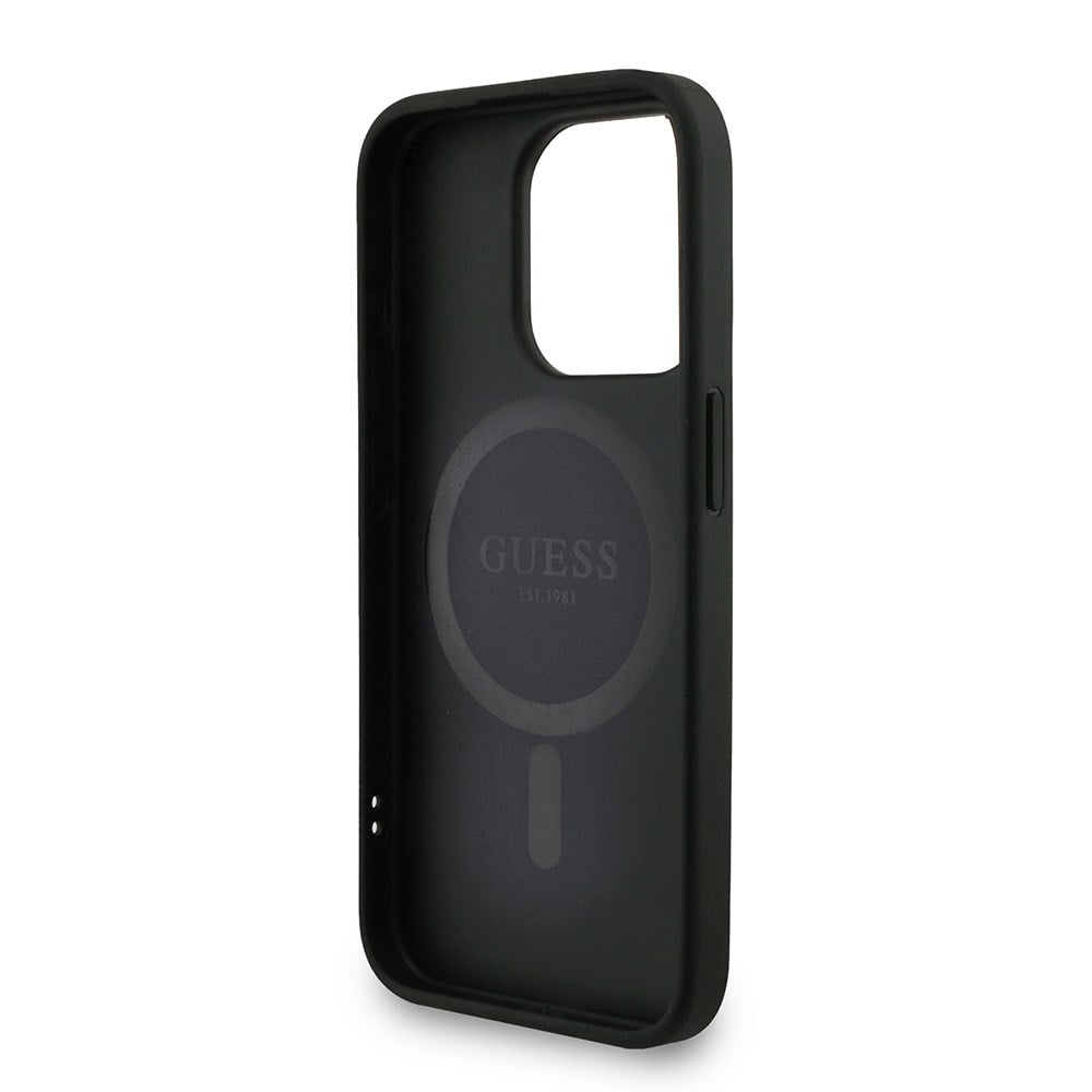 Apple iPhone 15 Pro Kılıf Guess Orjinal Lisanslı M-safe Şarj Özellikli PU Deri Bilek Askı İpli Yazı Logolu Kapak