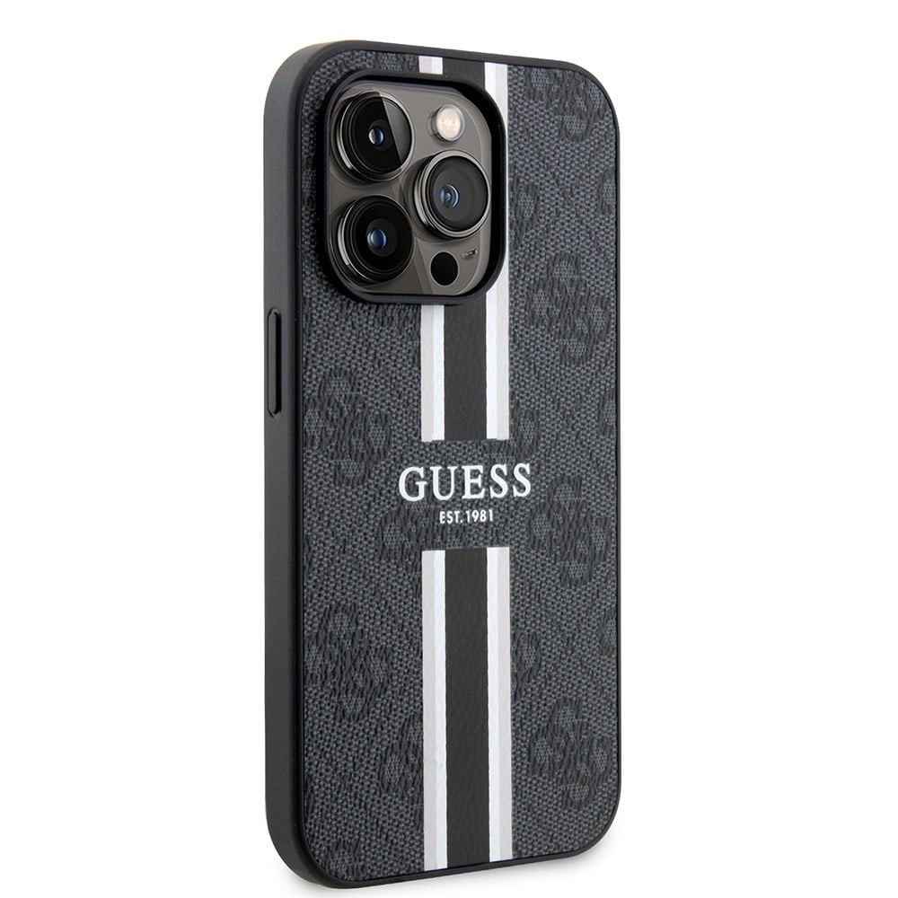 Apple iPhone 15 Pro Kılıf Guess Orjinal Lisanslı M-safe Şarj Özellikli 4G Şerit Tasarımlı Printed Kapak