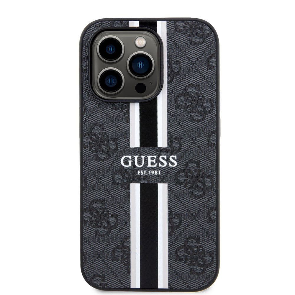 Apple iPhone 15 Pro Kılıf Guess Orjinal Lisanslı M-safe Şarj Özellikli 4G Şerit Tasarımlı Printed Kapak