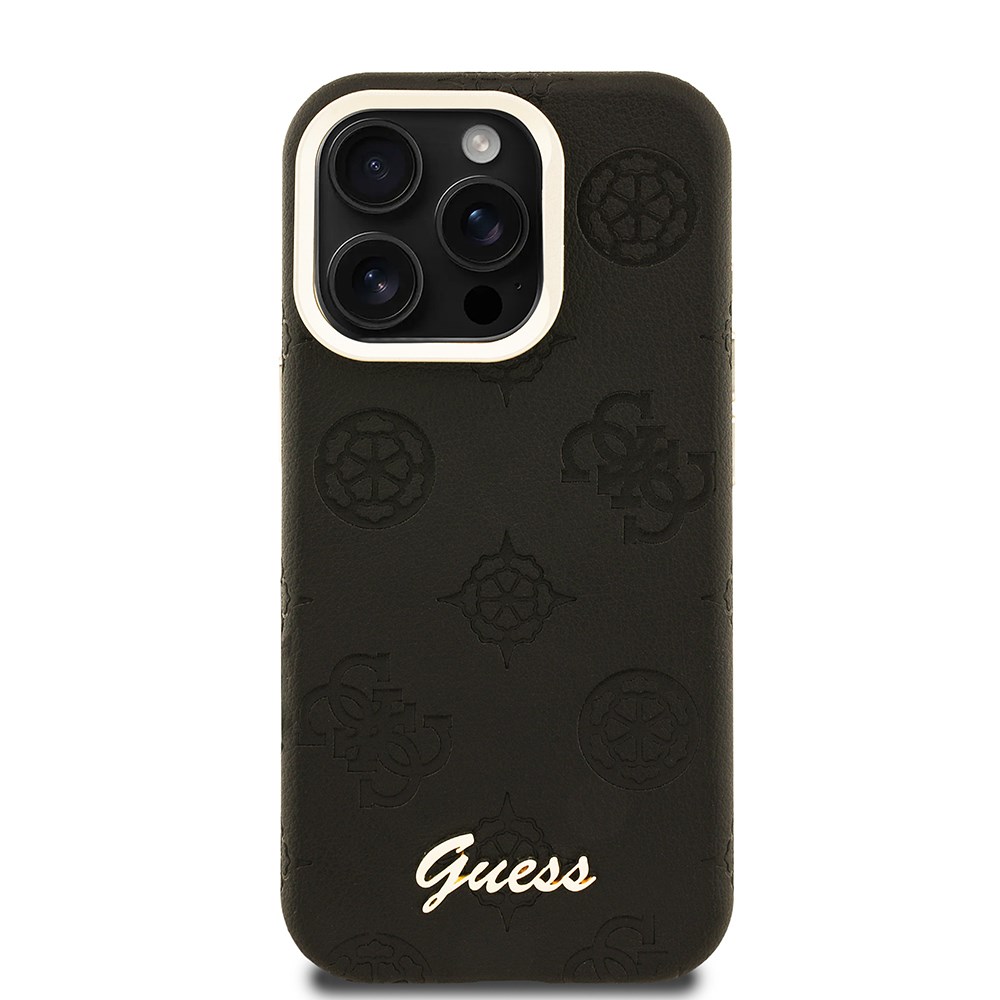 Apple iPhone 15 Pro Kılıf Guess Orjinal Lisanslı M-safe Şarj Özellikli Sıcak Baskılı Yazı Logolu Kamera Standlı PU Deri Peony Kapak