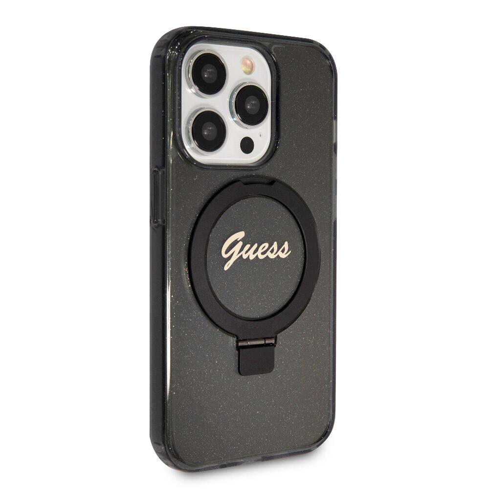 Apple iPhone 15 Pro Kılıf Guess Orjinal Lisanslı M-safe Şarj Özellikli Simli Arka Yüzey Ring Standlı Kapak