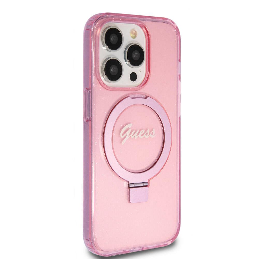 Apple iPhone 15 Pro Kılıf Guess Orjinal Lisanslı M-safe Şarj Özellikli Simli Arka Yüzey Ring Standlı Kapak