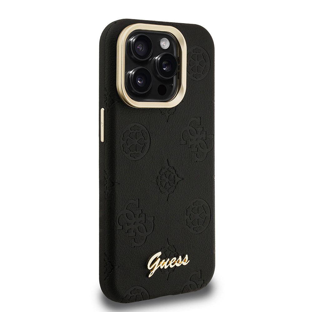 Apple iPhone 15 Pro Kılıf Guess Orjinal Lisanslı M-safe Şarj Özellikli Sıcak Baskılı Yazı Logolu Kamera Standlı PU Deri Peony Kapak