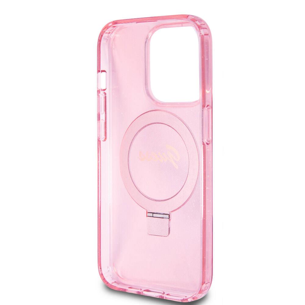Apple iPhone 15 Pro Kılıf Guess Orjinal Lisanslı M-safe Şarj Özellikli Simli Arka Yüzey Ring Standlı Kapak