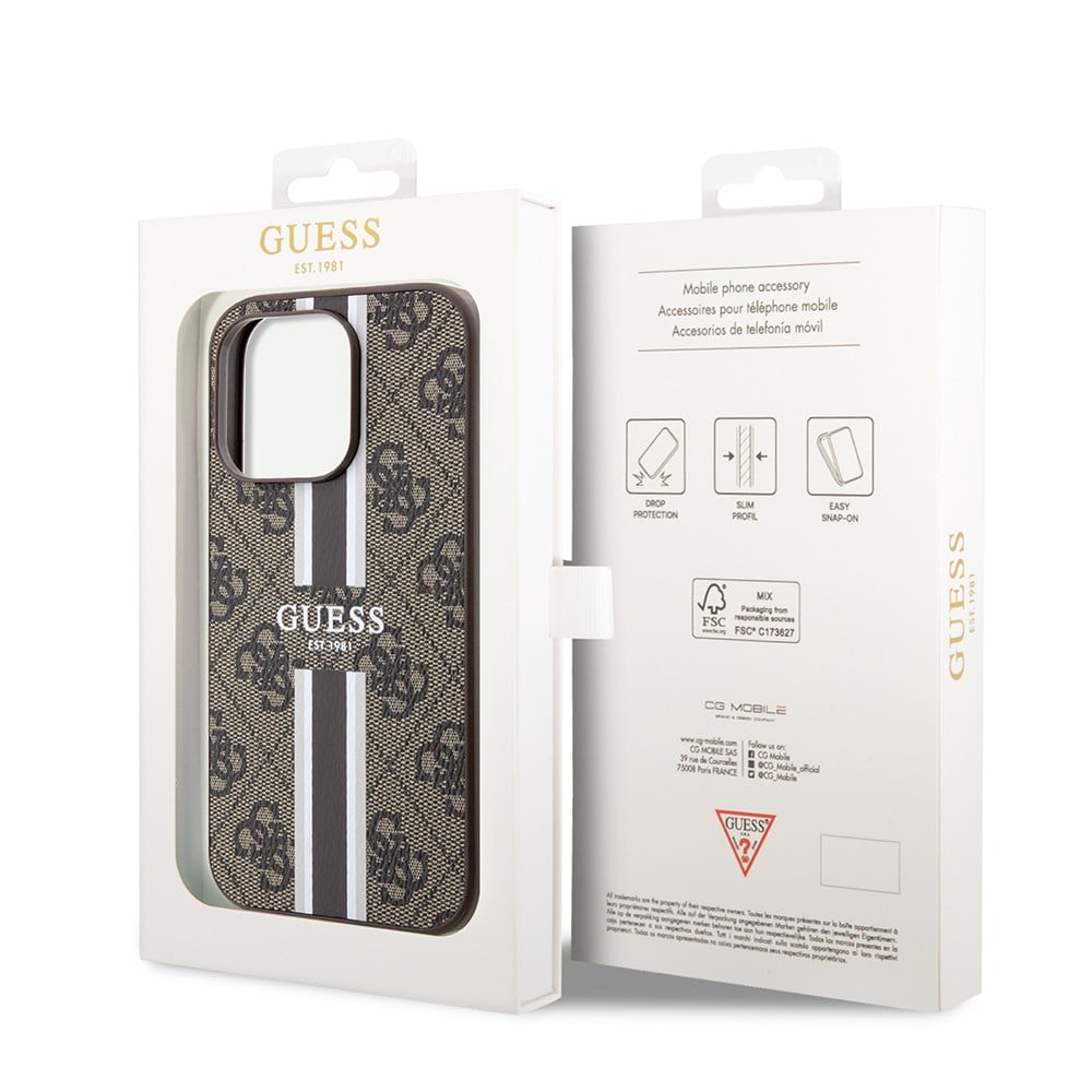 Apple iPhone 15 Pro Kılıf Guess Orjinal Lisanslı M-safe Şarj Özellikli 4G Şerit Tasarımlı Printed Kapak