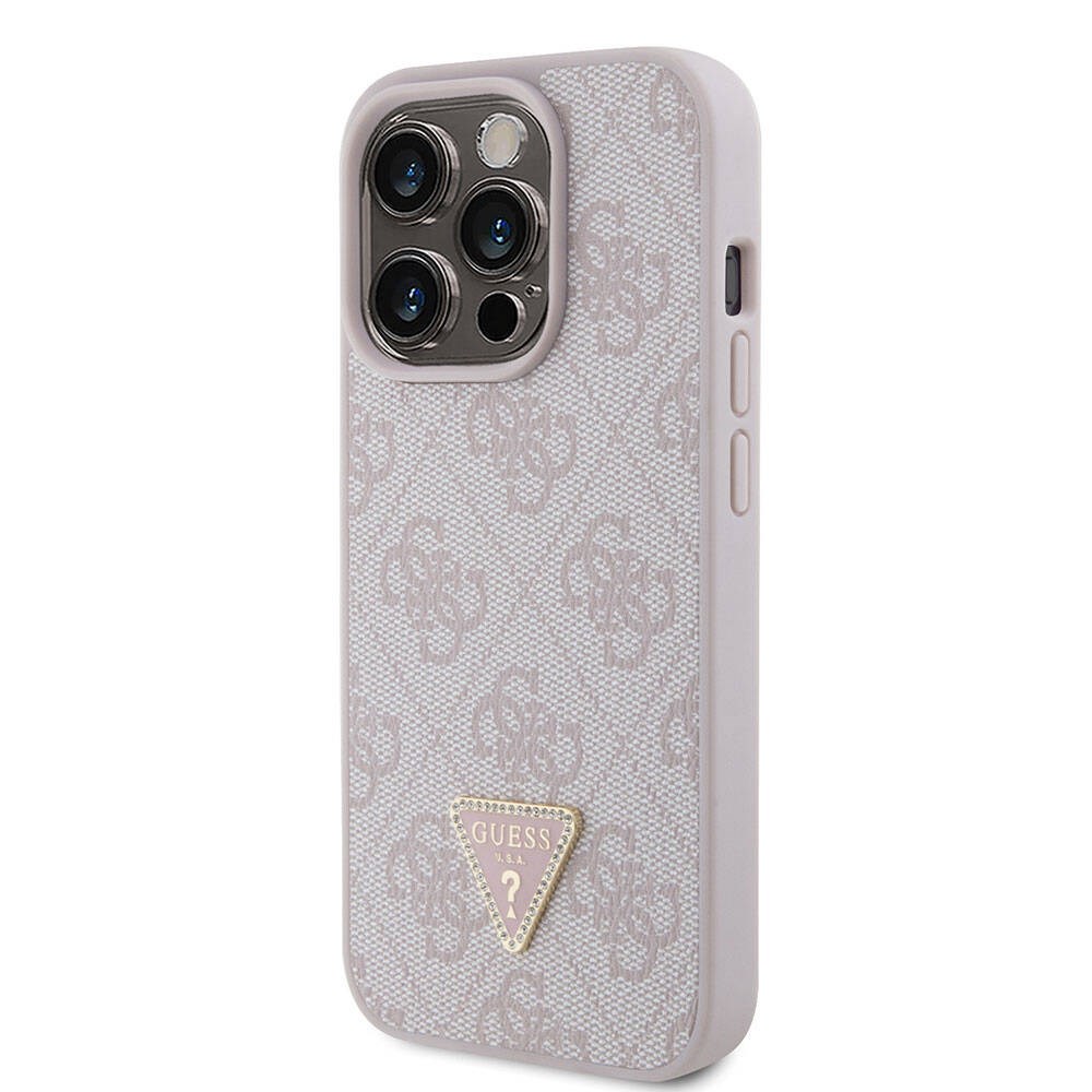 Apple iPhone 15 Pro Kılıf Guess Orjinal Lisanslı PU Deri Taşlı Üçgen Logo 4G Desenli Strass Kapak