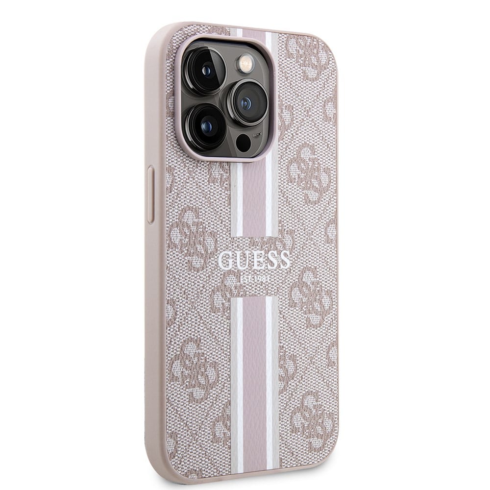Apple iPhone 15 Pro Kılıf Guess Orjinal Lisanslı M-safe Şarj Özellikli 4G Şerit Tasarımlı Printed Kapak