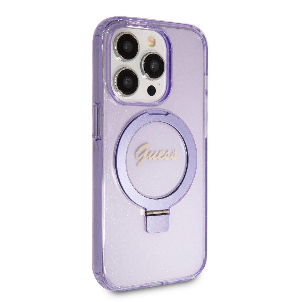 Apple iPhone 15 Pro Kılıf Guess Orjinal Lisanslı M-safe Şarj Özellikli Simli Arka Yüzey Ring Standlı Kapak