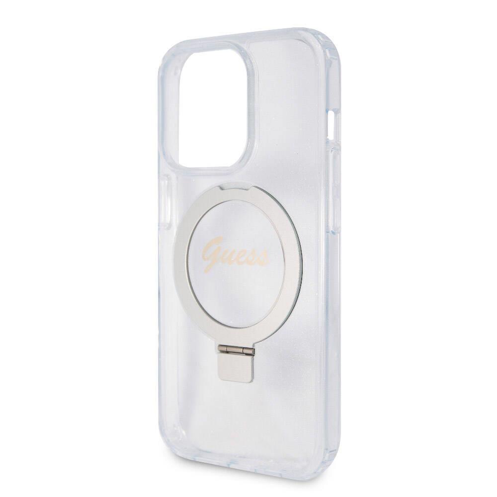 Apple iPhone 15 Pro Kılıf Guess Orjinal Lisanslı M-safe Şarj Özellikli Simli Arka Yüzey Ring Standlı Kapak