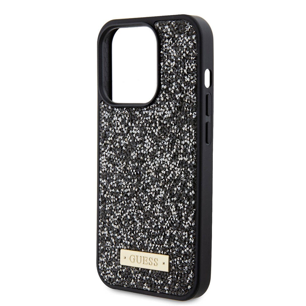 Apple iPhone 15 Pro Kılıf Guess Orjinal Lisanslı Taşlı Arka Yüzey Metal Yazı Logolu Kapak