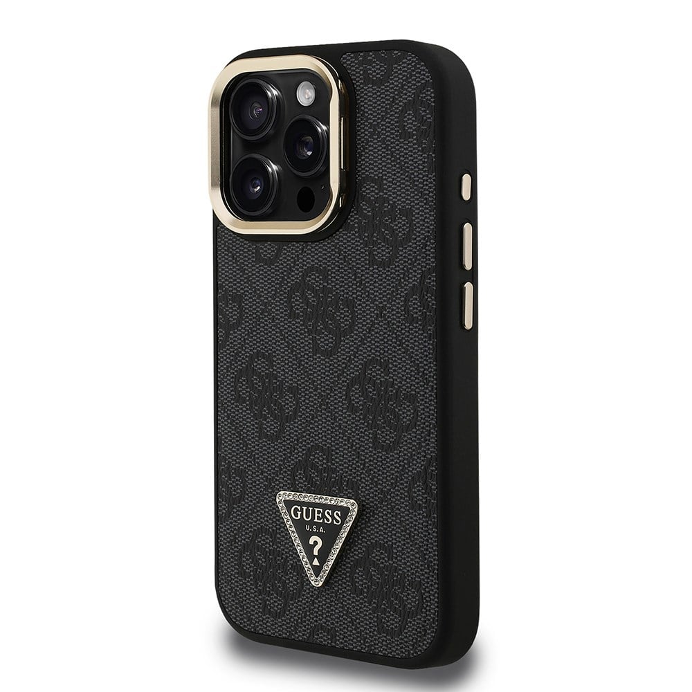 Apple iPhone 15 Pro Kılıf Guess Orjinal Lisanslı PU Deri Taşlı Üçgen Logo 4G Desenli Kamera Standlı Kapak