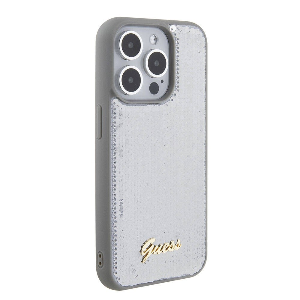 Apple iPhone 15 Pro Kılıf Guess Orjinal Lisanslı Pullu Arka Yüzey Metal Yazı Logolu Sequin Script Kapak