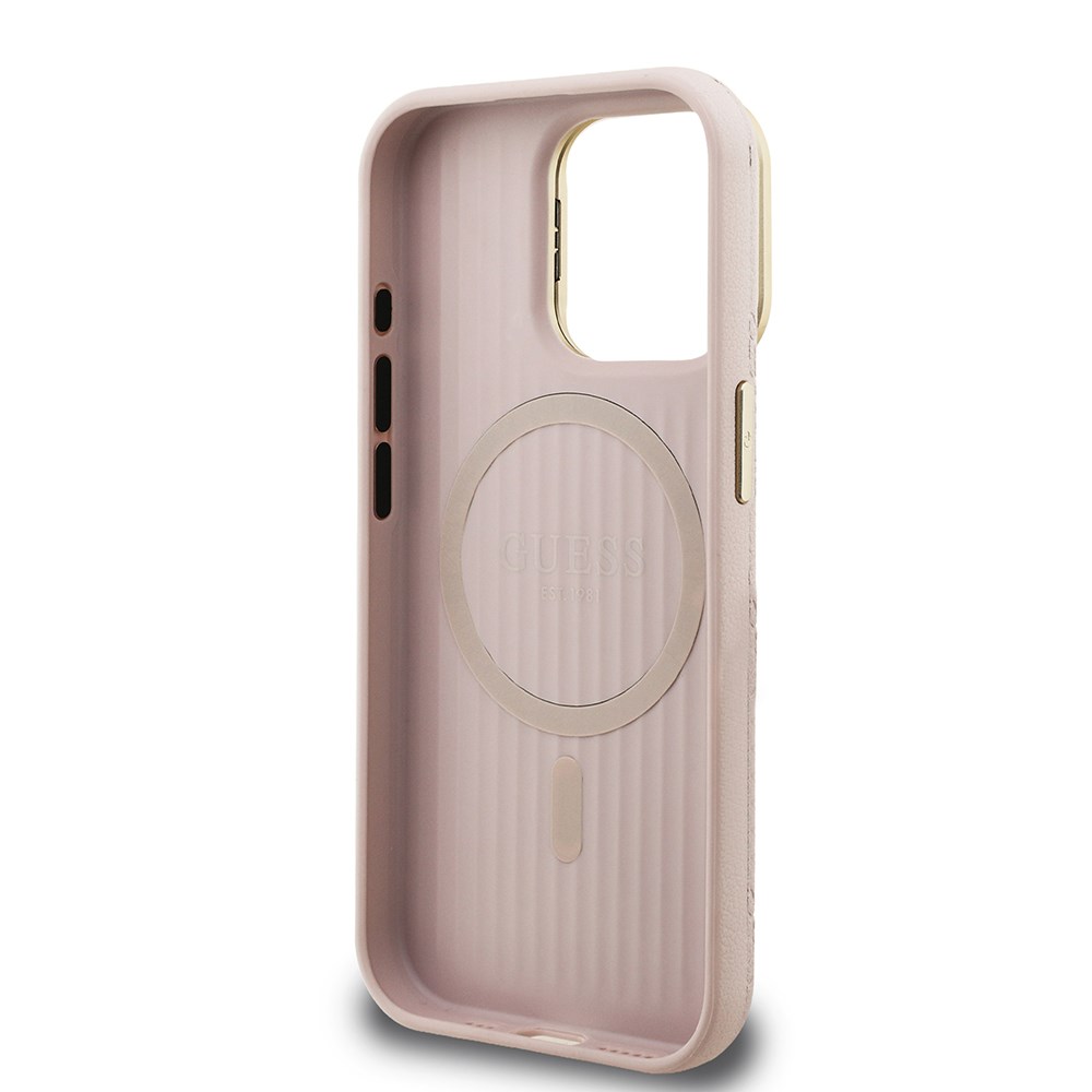 Apple iPhone 15 Pro Kılıf Guess Orjinal Lisanslı M-safe Şarj Özellikli Sıcak Baskılı Yazı Logolu Kamera Standlı PU Deri Peony Kapak