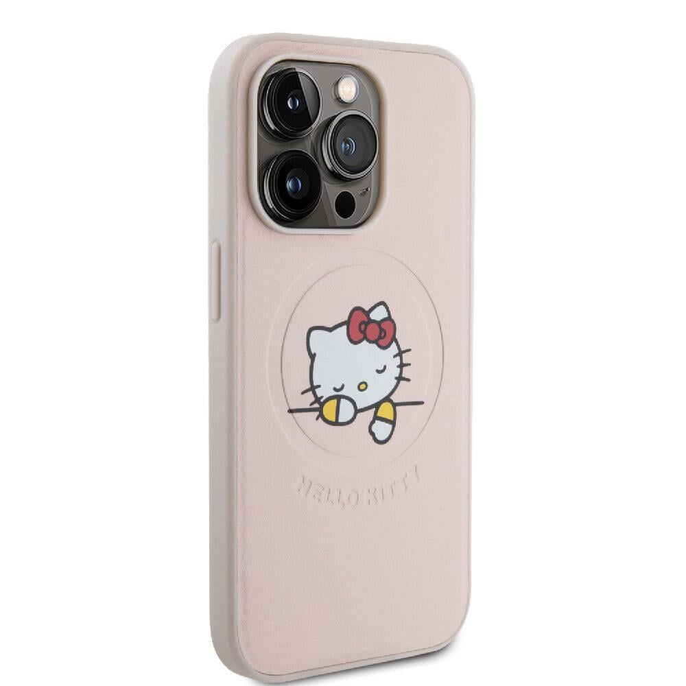 Apple iPhone 15 Pro Kılıf Hello Kitty Orjinal Lisanslı M-safe Şarj Özellikli Baskı Logolu Uyuyan Kitty Deri Kapak