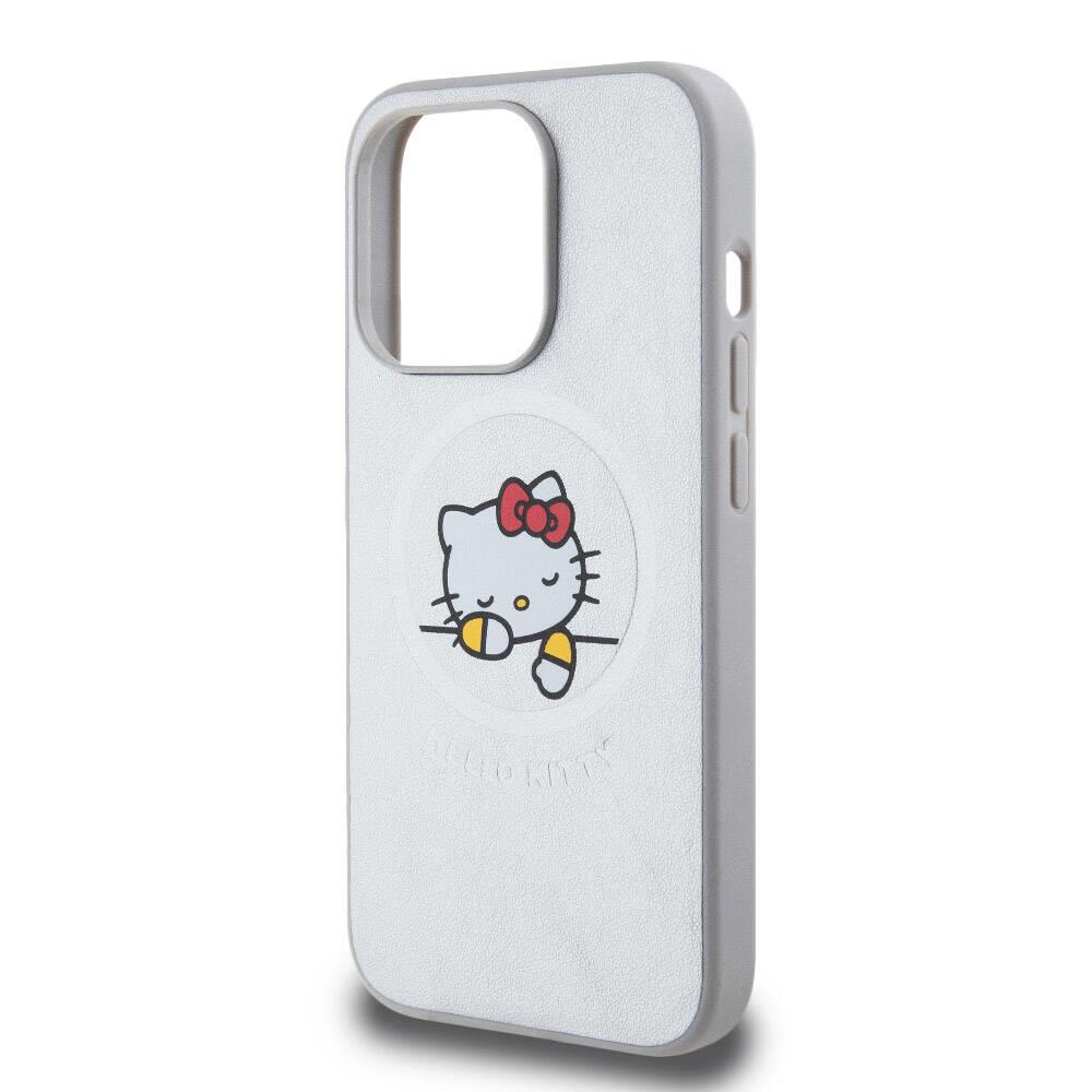 Apple iPhone 15 Pro Kılıf Hello Kitty Orjinal Lisanslı M-safe Şarj Özellikli Baskı Logolu Uyuyan Kitty Deri Kapak