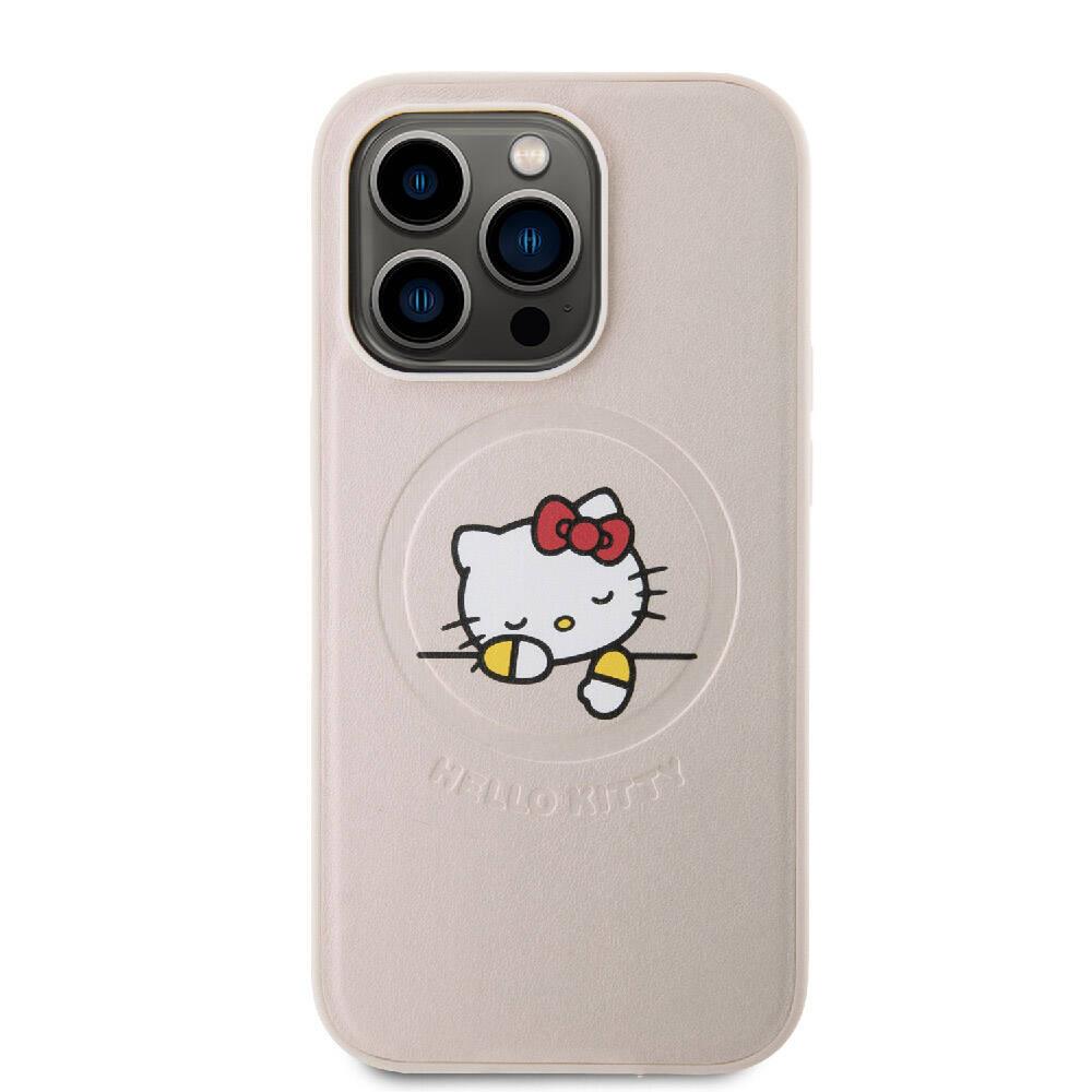 Apple iPhone 15 Pro Kılıf Hello Kitty Orjinal Lisanslı M-safe Şarj Özellikli Baskı Logolu Uyuyan Kitty Deri Kapak