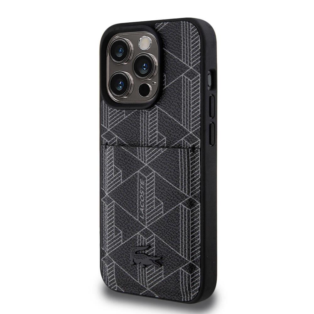 Apple iPhone 15 Pro Kılıf Lacoste Orjinal Lisanslı M-safe Şarj Özellikli PU Deri Görünümlü Kartlıklı Karışık Monogram Desenli Kapak