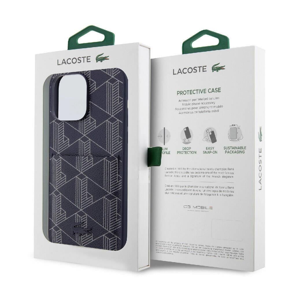 Apple iPhone 15 Pro Kılıf Lacoste Orjinal Lisanslı M-safe Şarj Özellikli PU Deri Görünümlü Kartlıklı Karışık Monogram Desenli Kapak