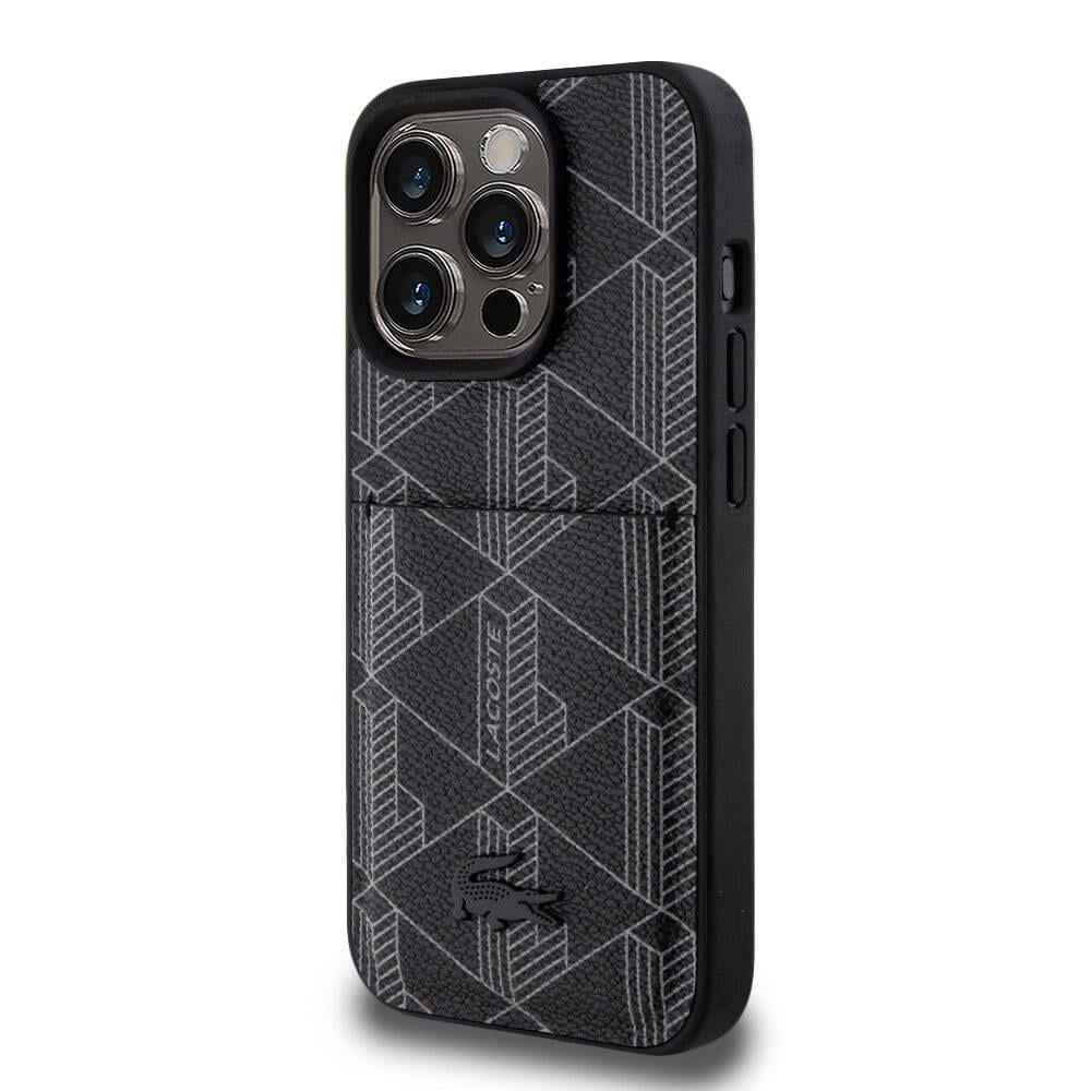 Apple iPhone 15 Pro Kılıf Lacoste Orjinal Lisanslı M-safe Şarj Özellikli PU Deri Görünümlü Kartlıklı Karışık Monogram Desenli Kapak
