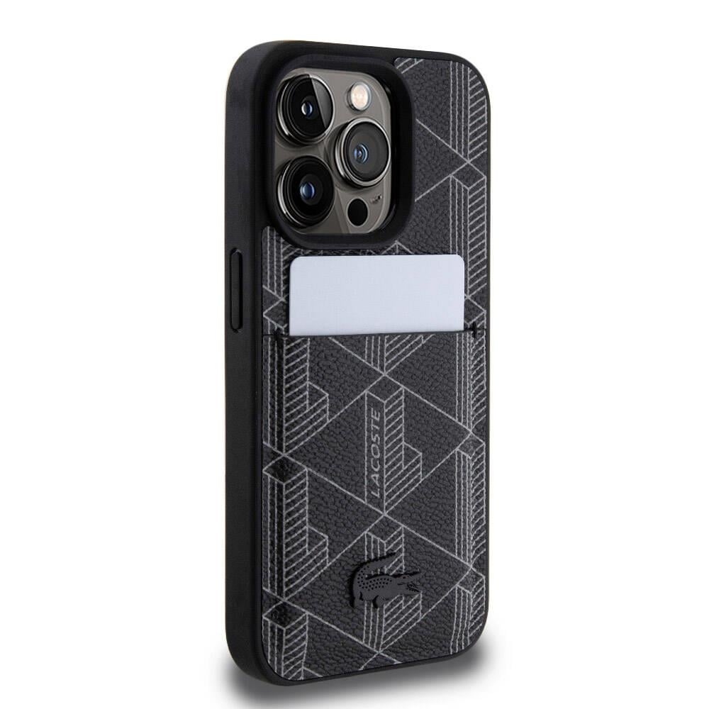 Apple iPhone 15 Pro Kılıf Lacoste Orjinal Lisanslı M-safe Şarj Özellikli PU Deri Görünümlü Kartlıklı Karışık Monogram Desenli Kapak