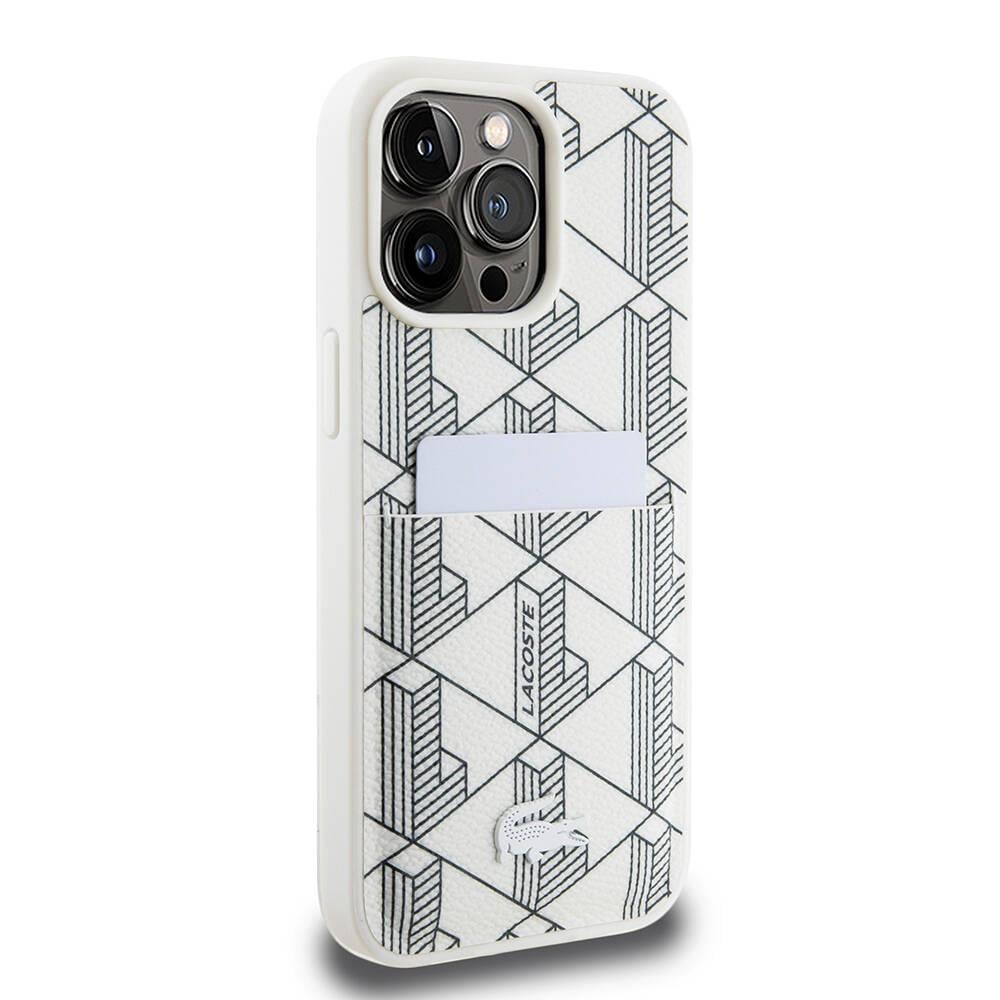 Apple iPhone 15 Pro Kılıf Lacoste Orjinal Lisanslı M-safe Şarj Özellikli PU Deri Görünümlü Kartlıklı Karışık Monogram Desenli Kapak