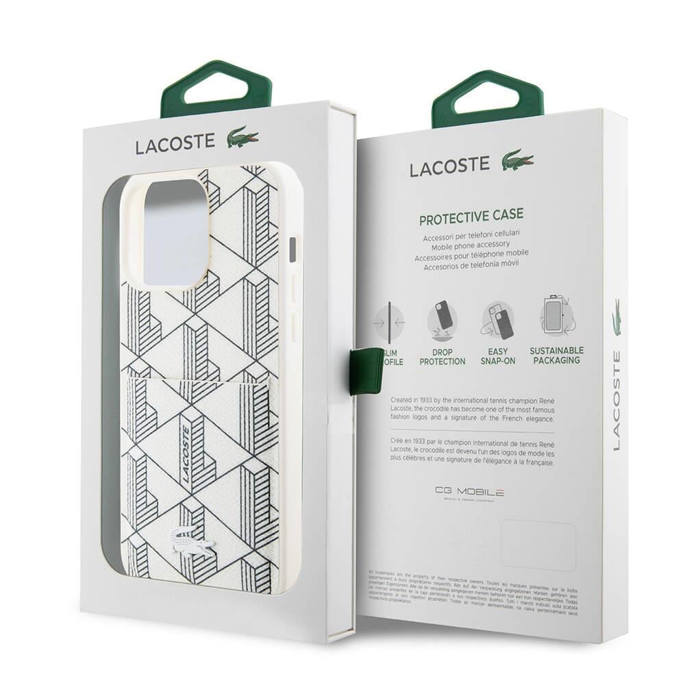 Apple iPhone 15 Pro Kılıf Lacoste Orjinal Lisanslı M-safe Şarj Özellikli PU Deri Görünümlü Kartlıklı Karışık Monogram Desenli Kapak
