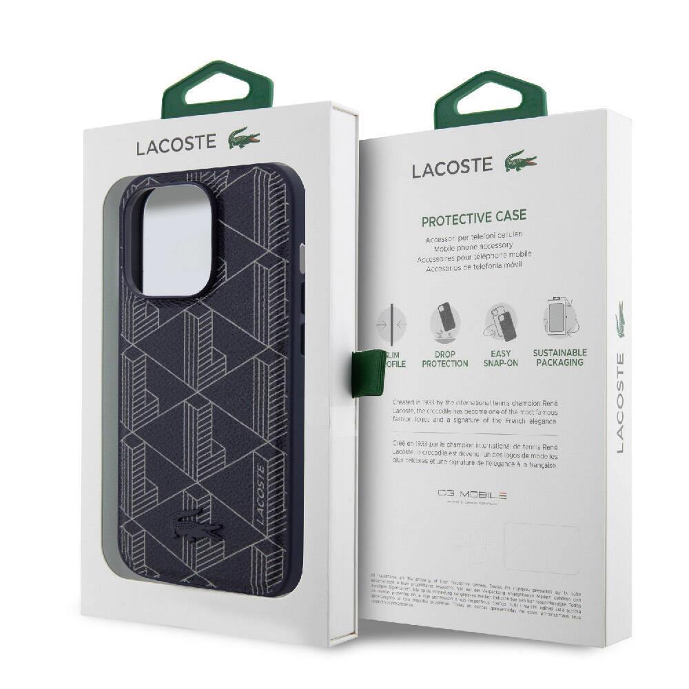 Apple iPhone 15 Pro Kılıf Lacoste Orjinal Lisanslı M-safe Şarj Özellikli PU Deri Görünümlü Karışık Monogram Desenli Kapak