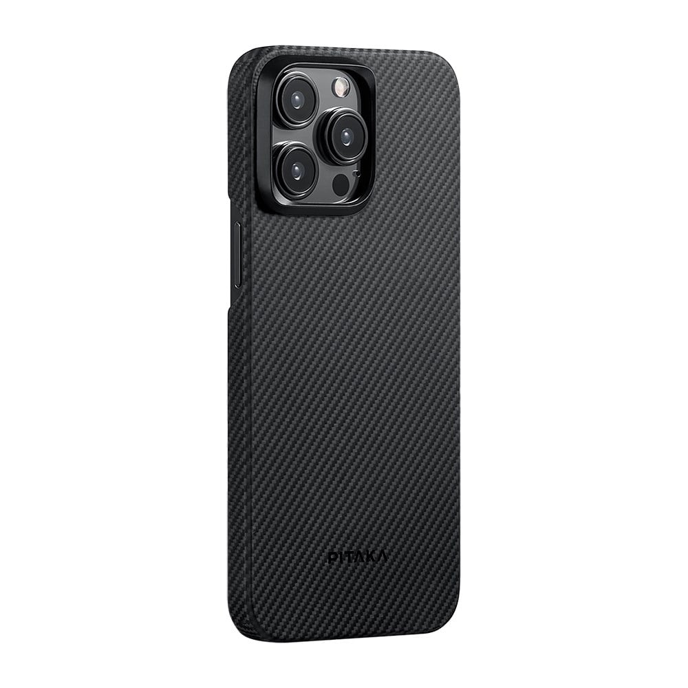 Apple iPhone 15 Pro Kılıf M-safe Şarj Özellikli 600D Aramid Fiber Pitaka Ultra-Slim Classic Serisi Black-Grey Twill Kapak