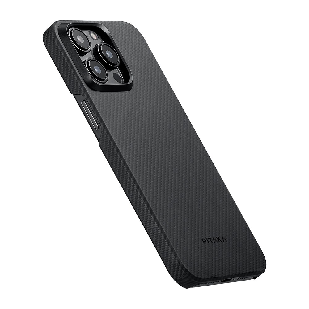 Apple iPhone 15 Pro Kılıf M-safe Şarj Özellikli 600D Aramid Fiber Pitaka Ultra-Slim Classic Serisi Black-Grey Twill Kapak