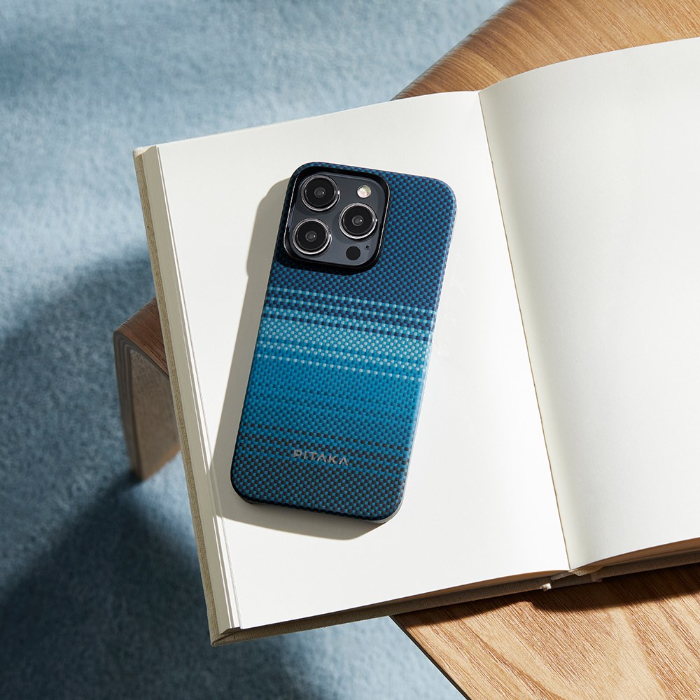 Apple iPhone 15 Pro Kılıf M-safe Şarj Özellikli Aramid Fiber Pitaka Tactile Woven Sunset-Moonrise Serisi Moonrise Kapak