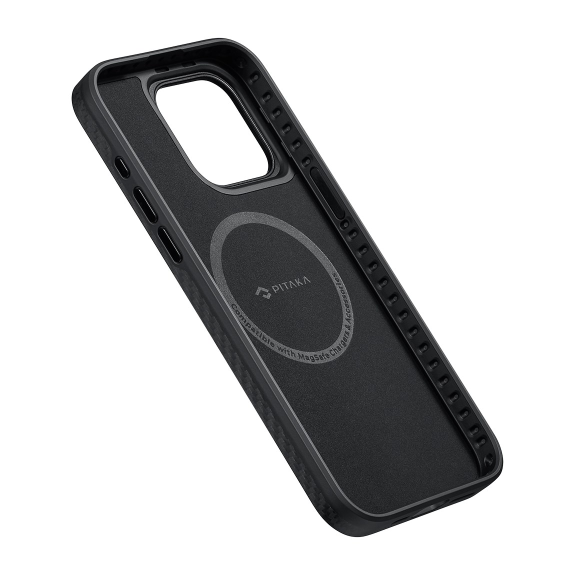 Apple iPhone 15 Pro Kılıf M-safe Şarj Özellikli 1500D Aramid Fiber Pitaka Military-Grade Classic Serisi Black-Grey Twill Kapak
