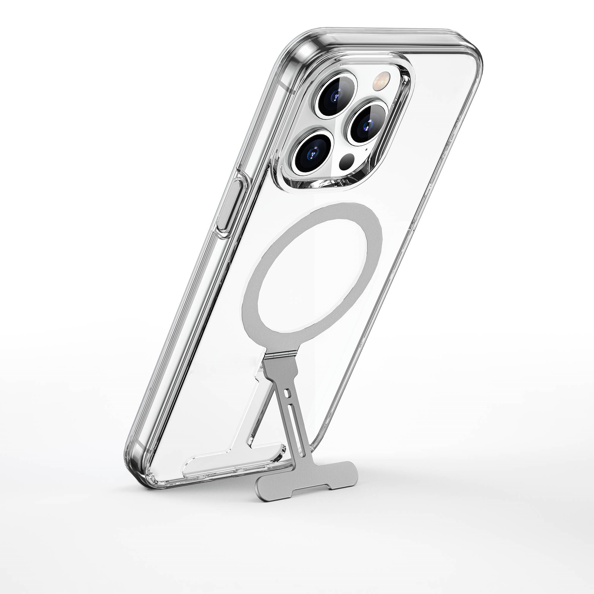 Apple iPhone 15 Pro Kılıf Wiwu FYY-014 M-safe Şarj Özellikli Alüminyum Alaşım Metal Standlı Şeffaf Kapak