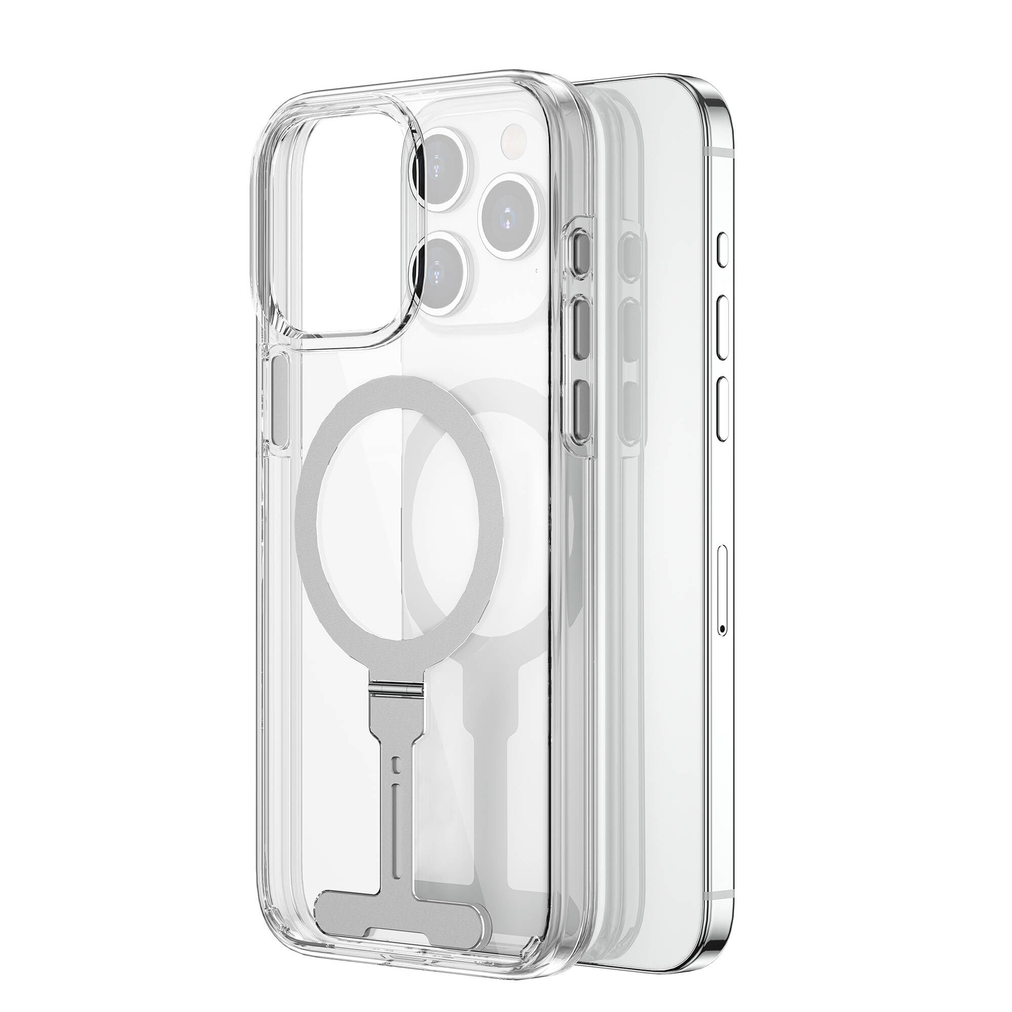Apple iPhone 15 Pro Kılıf Wiwu FYY-014 M-safe Şarj Özellikli Alüminyum Alaşım Metal Standlı Şeffaf Kapak