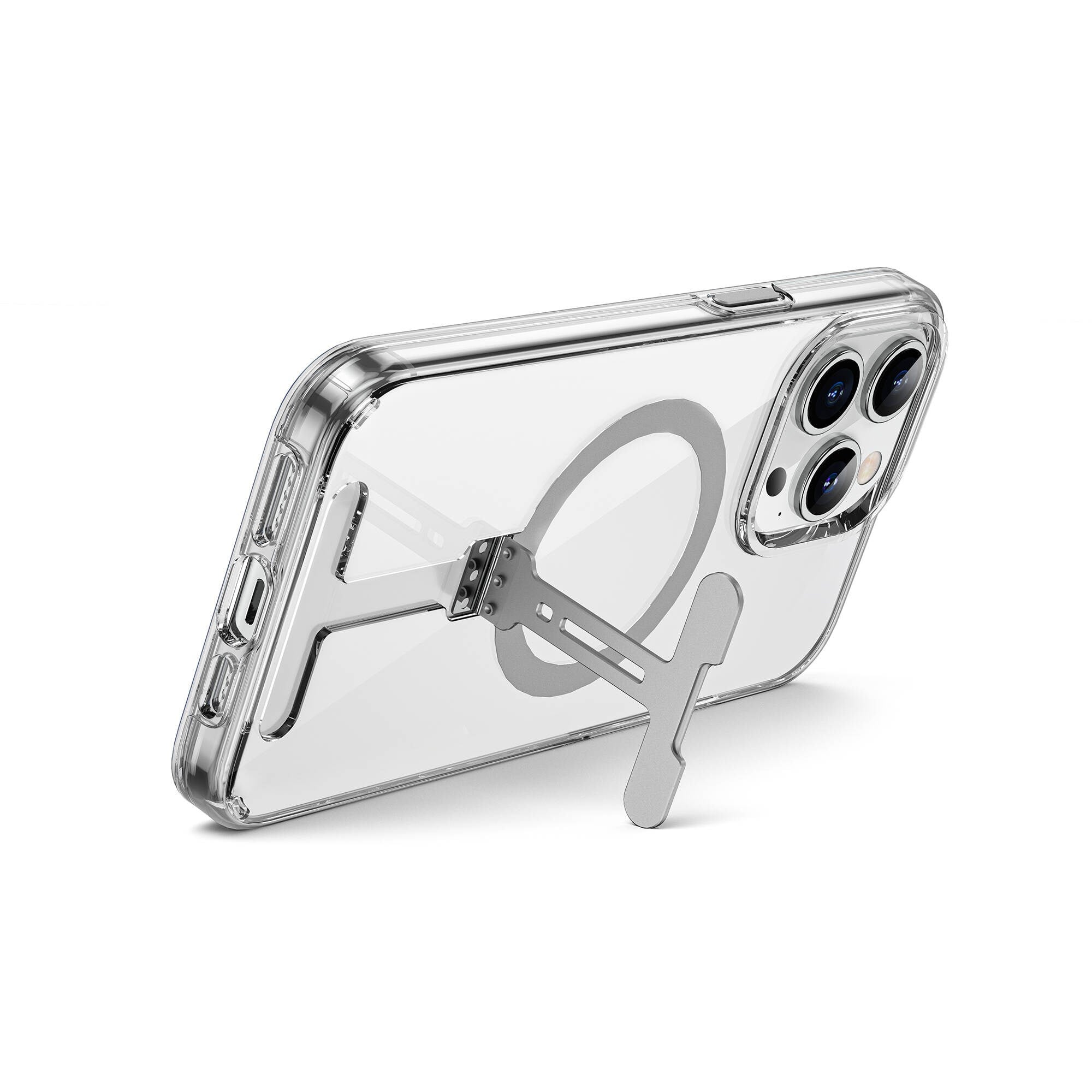 Apple iPhone 15 Pro Kılıf Wiwu FYY-014 M-safe Şarj Özellikli Alüminyum Alaşım Metal Standlı Şeffaf Kapak