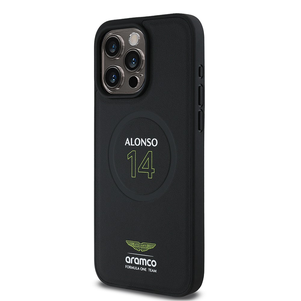 Apple iPhone 15 Pro Max Kılıf Aston Martin Orjinal Lisanslı M-safe Şarj Özellikli PU Deri Alonso 14 Baskılı Kapak