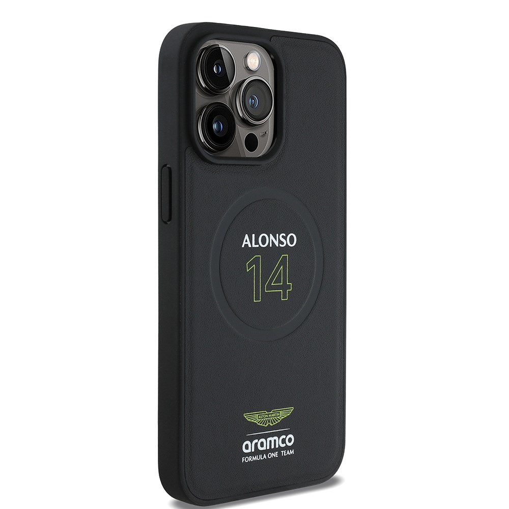 Apple iPhone 15 Pro Max Kılıf Aston Martin Orjinal Lisanslı M-safe Şarj Özellikli PU Deri Alonso 14 Baskılı Kapak