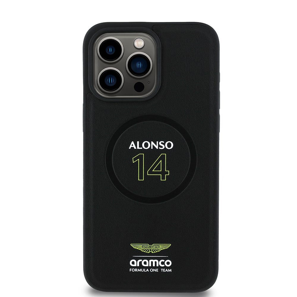 Apple iPhone 15 Pro Max Kılıf Aston Martin Orjinal Lisanslı M-safe Şarj Özellikli PU Deri Alonso 14 Baskılı Kapak