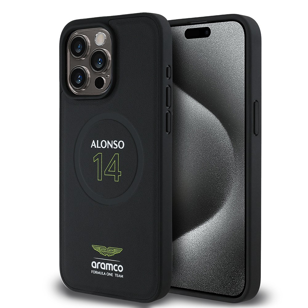 Apple iPhone 15 Pro Max Kılıf Aston Martin Orjinal Lisanslı M-safe Şarj Özellikli PU Deri Alonso 14 Baskılı Kapak