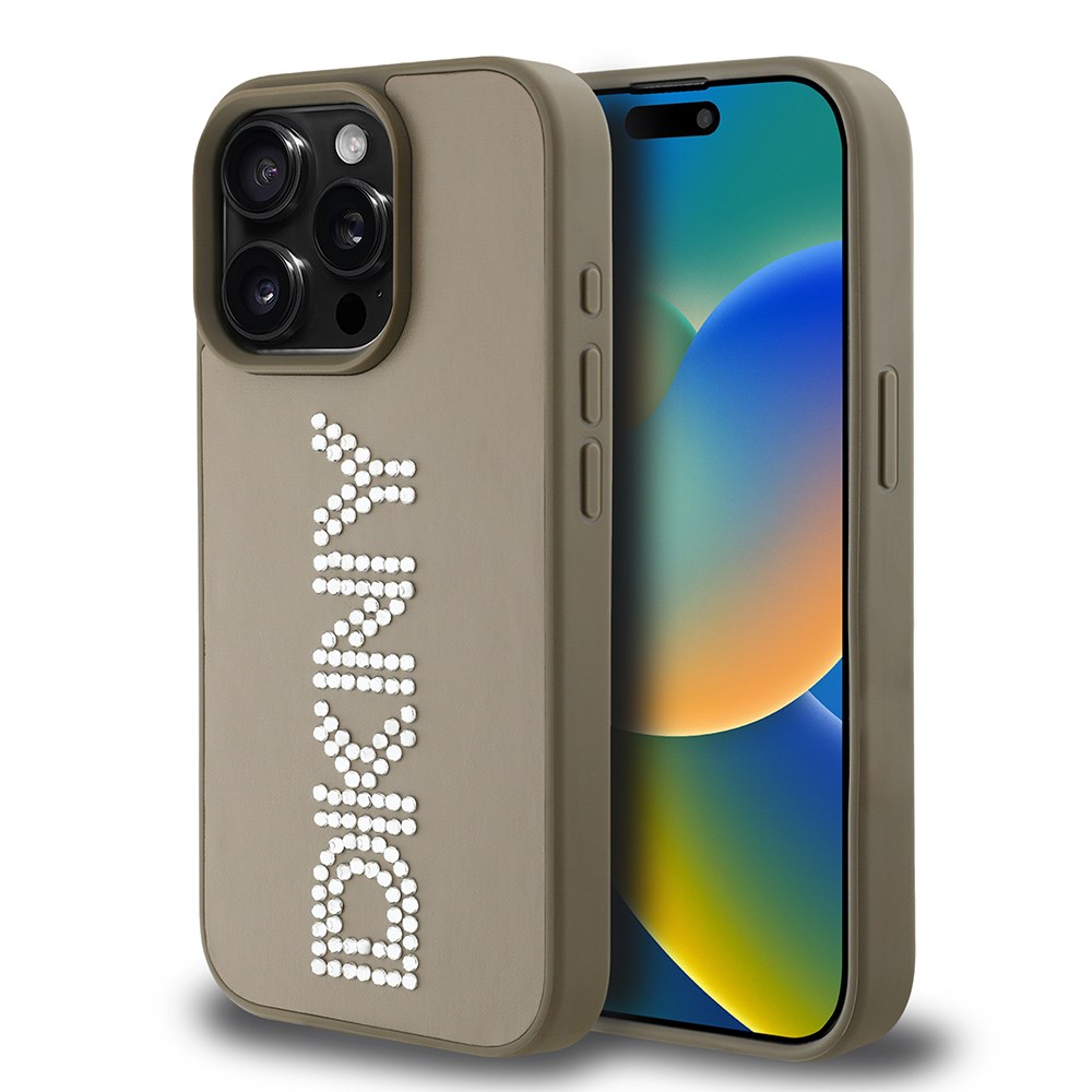 Apple iPhone 15 Pro Max Kılıf DKNY Orjinal Lisanslı Taşlı DKNY Yazılı Metalik Rhinestones PU Deri Kapak