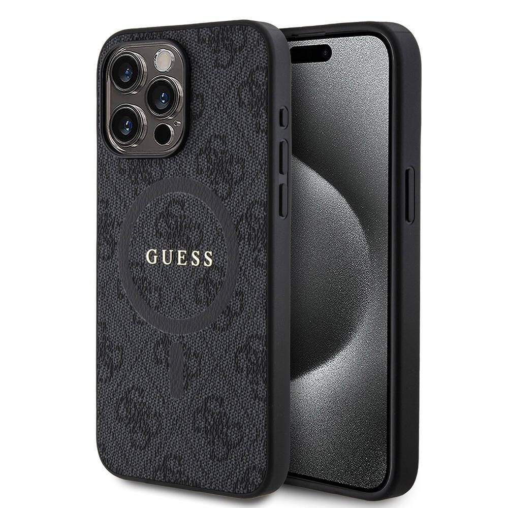 Apple iPhone 15 Pro Max Kılıf Guess Orjinal Lisanslı M-safe Şarj Özellikli PU Halkalı 4G Desenli Yazı Logolu Kapak